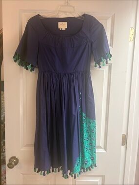 Kate Spade Deep Sea Full Dress with Peacock Print and Tassel Trim